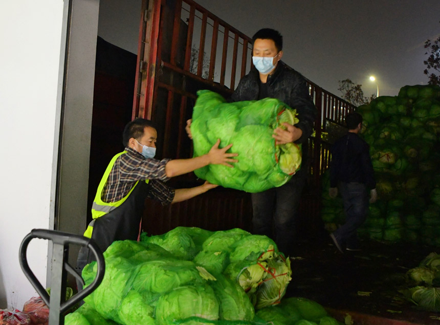 工作人員正在卸裝夜晚運(yùn)抵的新鮮蔬菜，全力保障市民的“菜籃子”。郭旭攝