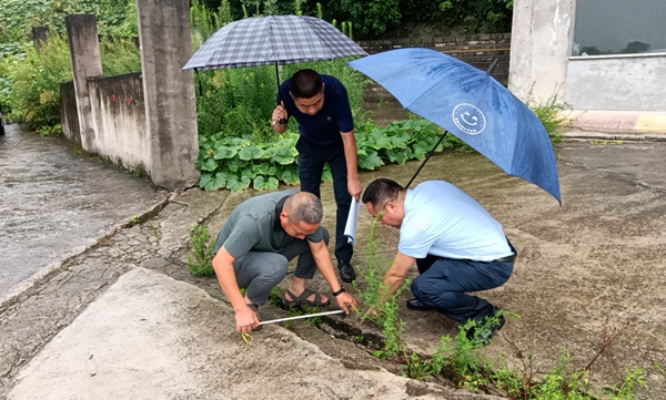 《暴雨過后巡查地面變形情況》。7月21日,涪陵區(qū)白濤街道辦事處副主任鄭杰（右）、區(qū)地質(zhì)環(huán)境監(jiān)測站地災監(jiān)測員羅祥洪（左）、白濤規(guī)劃和自然資源所所長張小松（中）到白濤街道小田溪村瓦房座地災隱患點巡查，查看地面變形情況。蔡冬攝