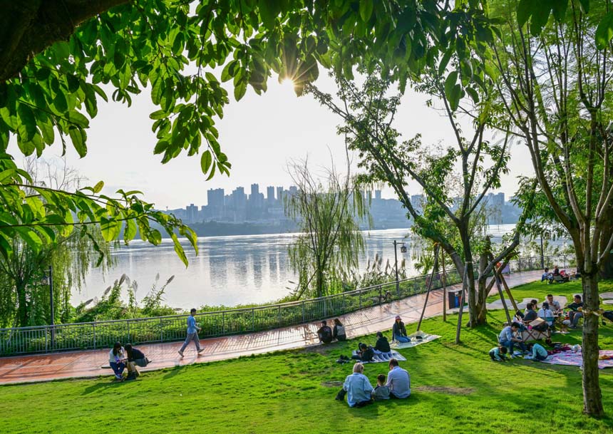 南岸區(qū)大魚海棠公園，市民在此露營享受周末陽光。郭旭攝