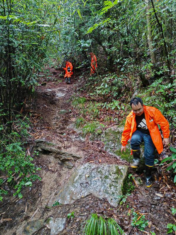 《城口縣厚坪鄉(xiāng)核桃壩滑坡雨中核查路上》。7月14日，川東南工程勘察設(shè)計(jì)院有限公司駐城口縣厚坪鄉(xiāng)地質(zhì)工程師王森林（前）在核桃壩滑坡開展巡查排查工作。鄧沖攝